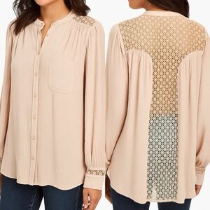 Free People Beige‎ Long Flowy Boho Button Down Top w/Lace Back Size M